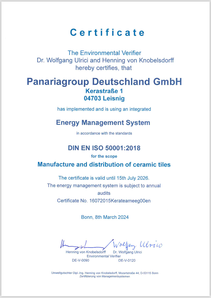 certificat energy management system plant Leisnig, Panariagroup Deutschland GmbH