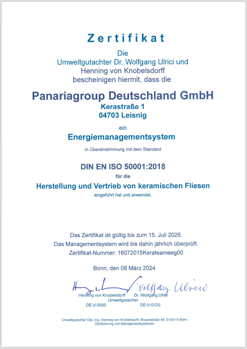 Zertifikat Energiemanagement Werk Leisnig, Panariagroup Deutschland GmbH